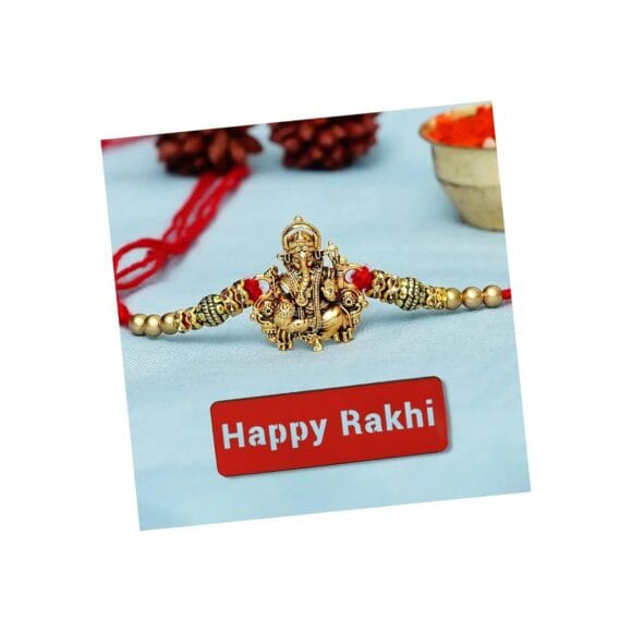 eCraftIndia Golden Religious Designer Ganesha Rakhi with Red Thread and Roli Chawal Pack and Happy Rakhi Wooden Cutout - Rakhi for Brother, Bhaiya, Bhai