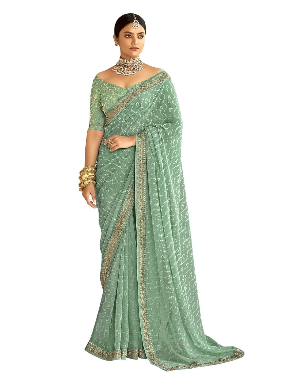 SIRIL Women's Bandhani Printed & Embroidery Work In Lace Georgette Saree with Unstitched Blouse Piece