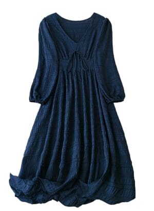 Shasmi Women's & Girl's Navy Blue Dress for Women Midi, One Piece Dress for Women's Casual Dress, Solid Textured Lantern Sleeve Tie Front V Neck Midi Dress (Dress 123)
