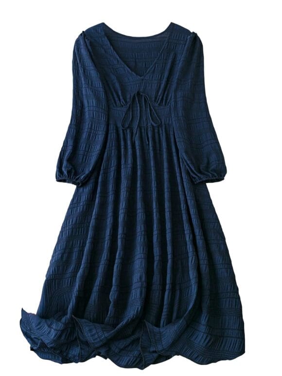 Shasmi Women's & Girl's Navy Blue Dress for Women Midi, One Piece Dress for Women's Casual Dress, Solid Textured Lantern Sleeve Tie Front V Neck Midi Dress (Dress 123)