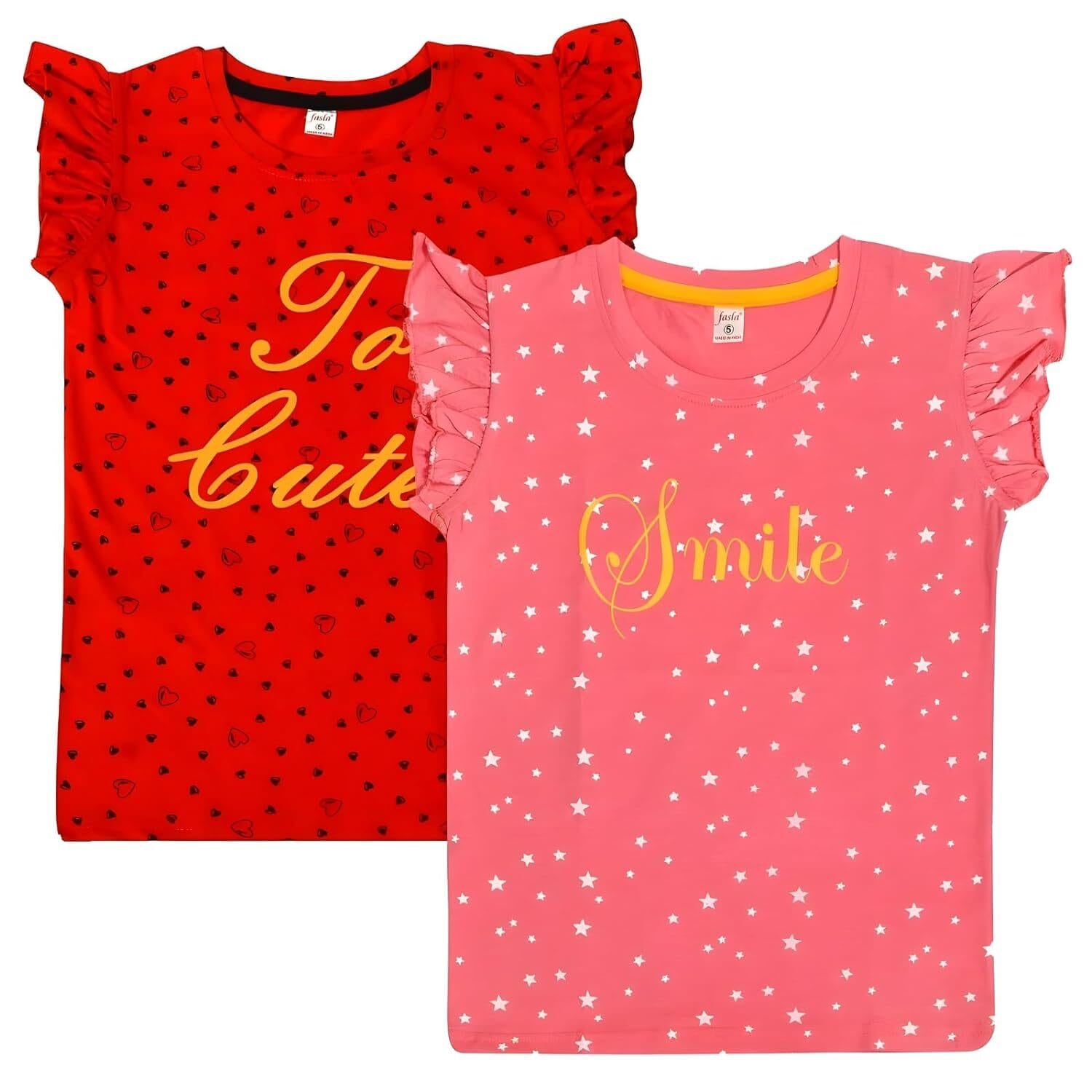 fasla Girls Pack of 2 Cotton Half Sleeve Red and Pink Color 1-15 Years Size T-Shirt with Jhalar and Print. (JHALARPRINT-TSHIRT)