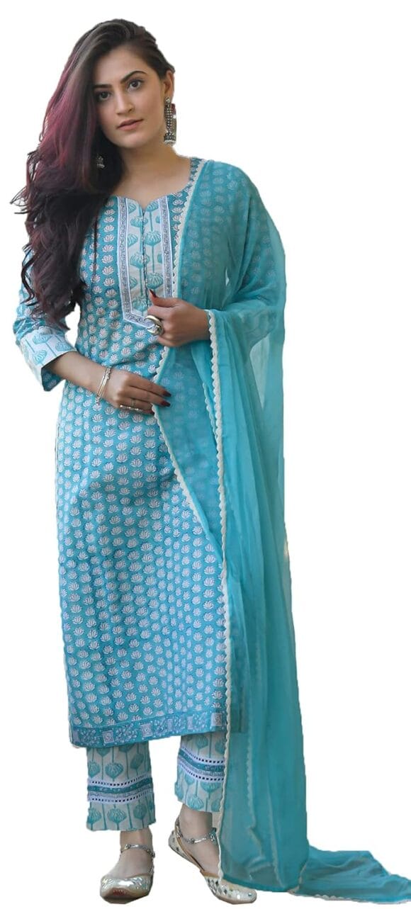 Arayna Women's Cotton Printed Straight Kurti Palazzo Pants Set With Dupatta
