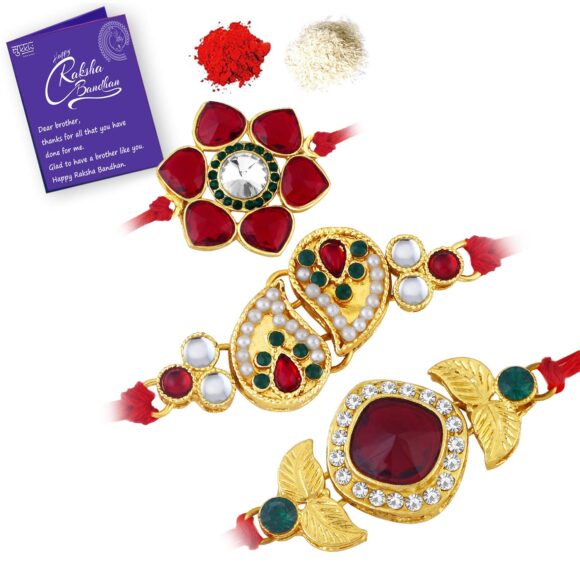 Rakhi Trendy Kundan Rakhi Combo & Designer Gold Plated Premium Rakhi for Brother, Roli Chawal & Greeting Card|Rakhi for Bhaiya|Rakhi for MEN|Kundan Rakhi|Rakhi Combo-Set of 3 |CBRAK82926
