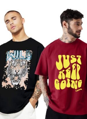 LEOTUDE Men Half Sleeve Oversized Tshirt, Round Neck Longline Drop Shoulder | Colorful Printed Combo Regular Fit T-Shirt (Pack Of 2)