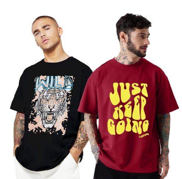 LEOTUDE Men Half Sleeve Oversized Tshirt, Round Neck Longline Drop Shoulder | Colorful Printed Combo Regular Fit T-Shirt (Pack Of 2)