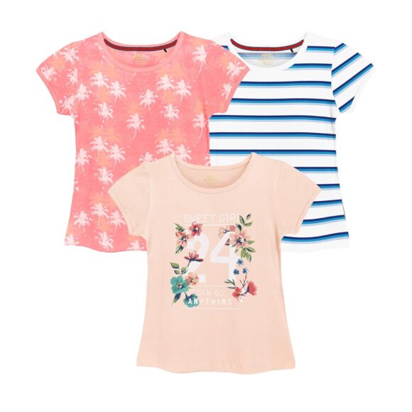 ARIEL Cotton Regular Fit Half Sleeve Cotton T-Shirts for Girls - Round Neck Tops for Girl, Multicolor - Pack of 3