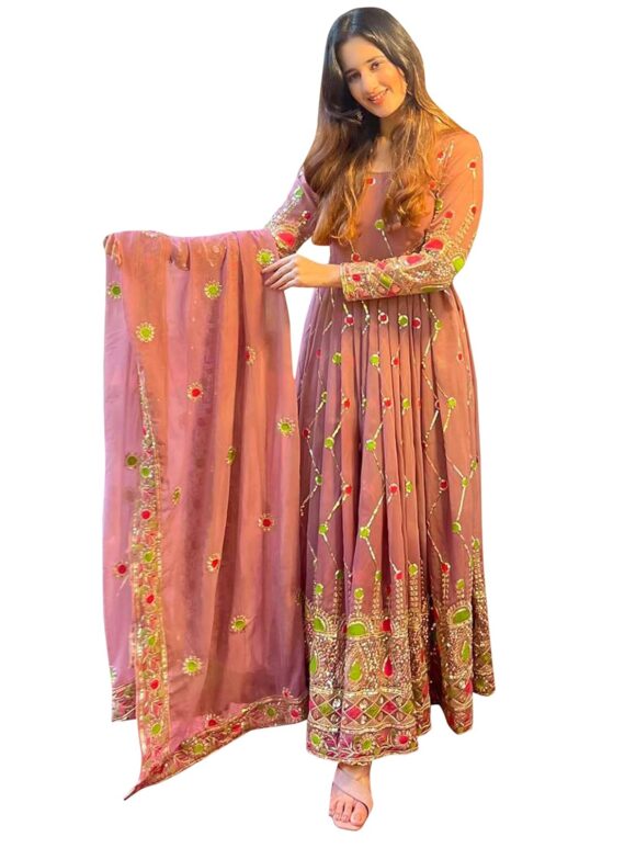 Standard Generic Fashion Basket Georgette Anarkali Gown with Pink Kadisha Embroidery, Women's Fashion Wear