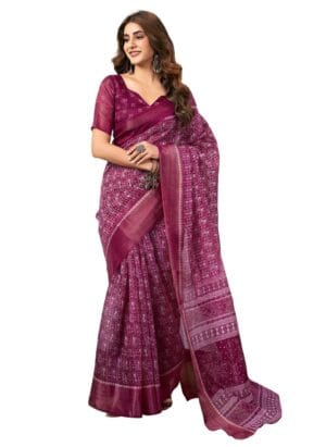 SIRIL Women's Cotton Printed Saree With Unstitched Blouse Piece