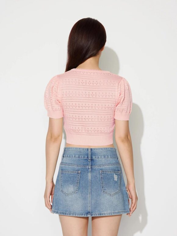 Knitted Ribbed Hollow Out Button-Up Self Design Round Neck Puff Sleeve Cardigan Crop Top T-Shirt DN56