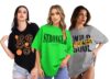 Standard Generic LEOTUDE Oversized Cottonblend Half Sleeve Round Neck Longline Drop Shoulder, Colorful Printed T-Shirt Women's Combo T-Shirts (Pack of 3)