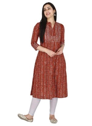 KANNAHI Women Pure Cotton Ethnic Motif Print A-line Straight Kurta Jaipuri Sanganeri Printed 3/4 Sleeve Kurti for Casual Party & Festival Wear for Girls & Womens