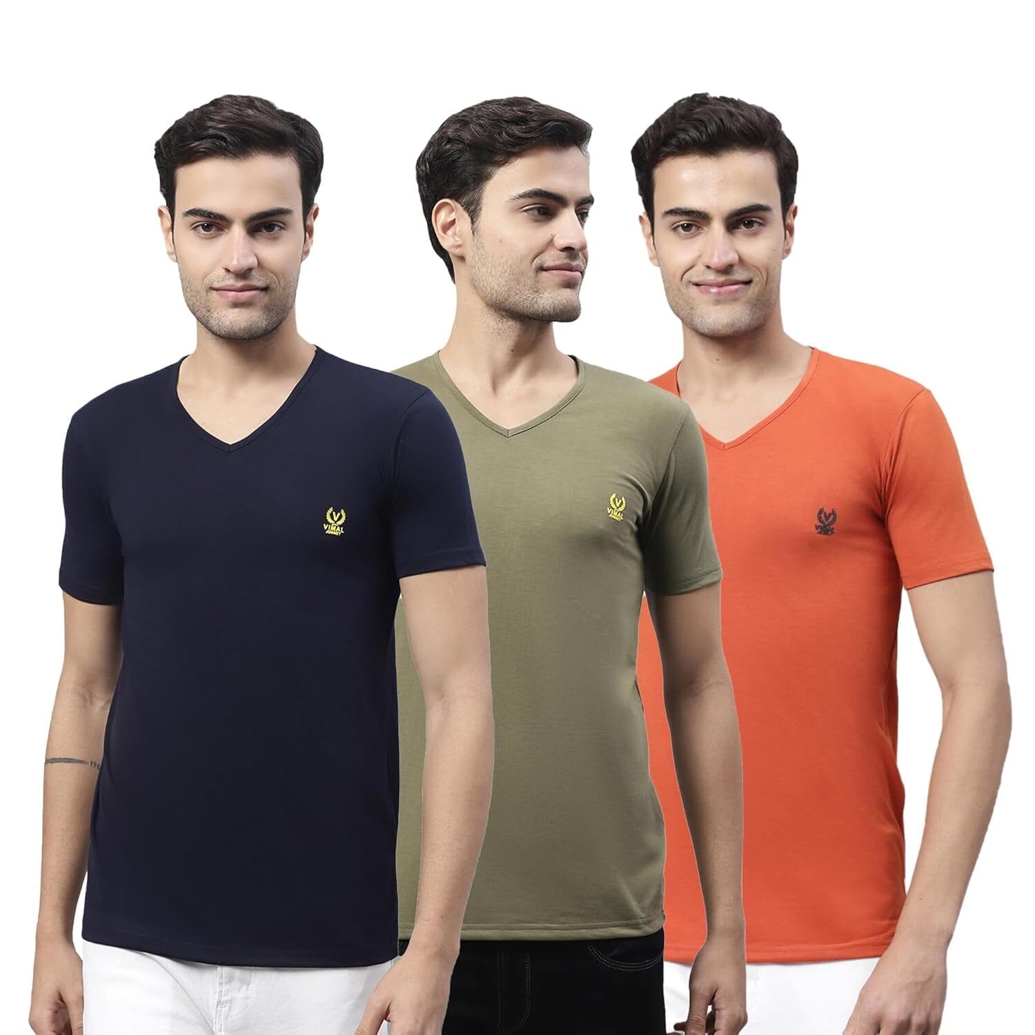 VIMAL JONNEY - V Neck Cotton Plain Multicolor Regular Fit T-Shirt for Men (Pack of 3)-V_NVY_OLV_RST_03-P