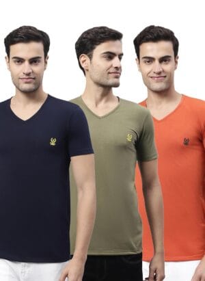VIMAL JONNEY - V Neck Cotton Plain Multicolor Regular Fit T-Shirt for Men (Pack of 3)-V_NVY_OLV_RST_03-P