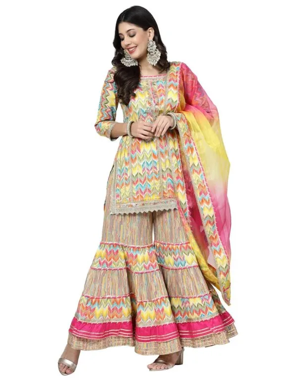 Women Cotton Rayon Kurta Sharara Dupatta Set