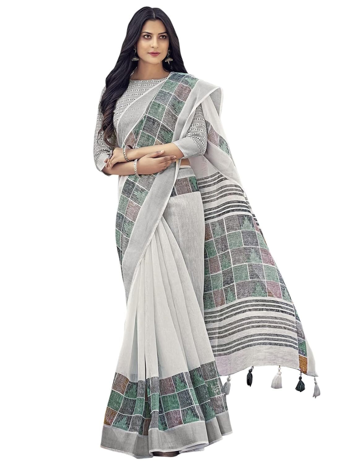 SIRIL Women's Silver Border & Printed Cotton Saree with Blouse