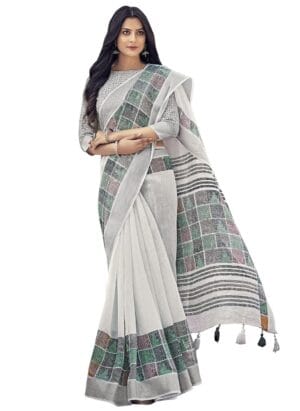 SIRIL Women's Silver Border & Printed Cotton Saree with Blouse