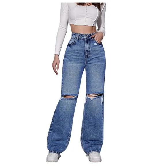 Standard Generic NUCOUTHS Women Wide Leg High Waist Stretchable Distress Blue Jeans Jeans (2CUT_Stone_A1B)