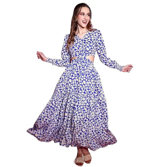 Sheetal Associates Women's Crepe Fit and Flare Printed Full Sleeve V-Neck Casual Dress