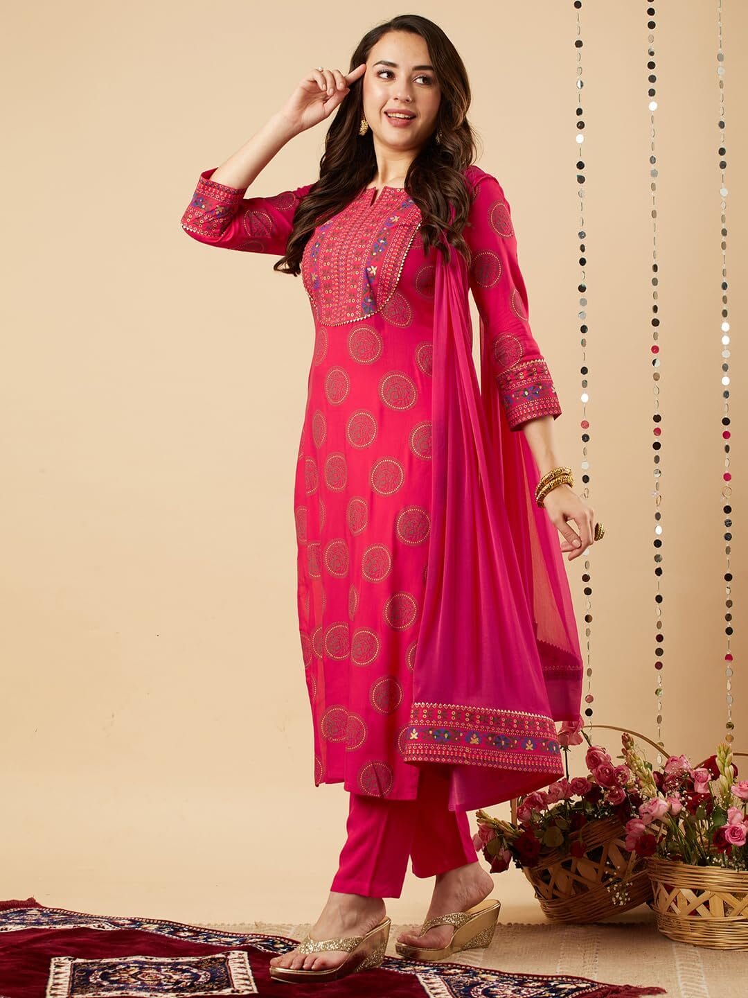 Women's Cotton Blend Straight Printed Kurta with Pant & Dupatta - Image 3