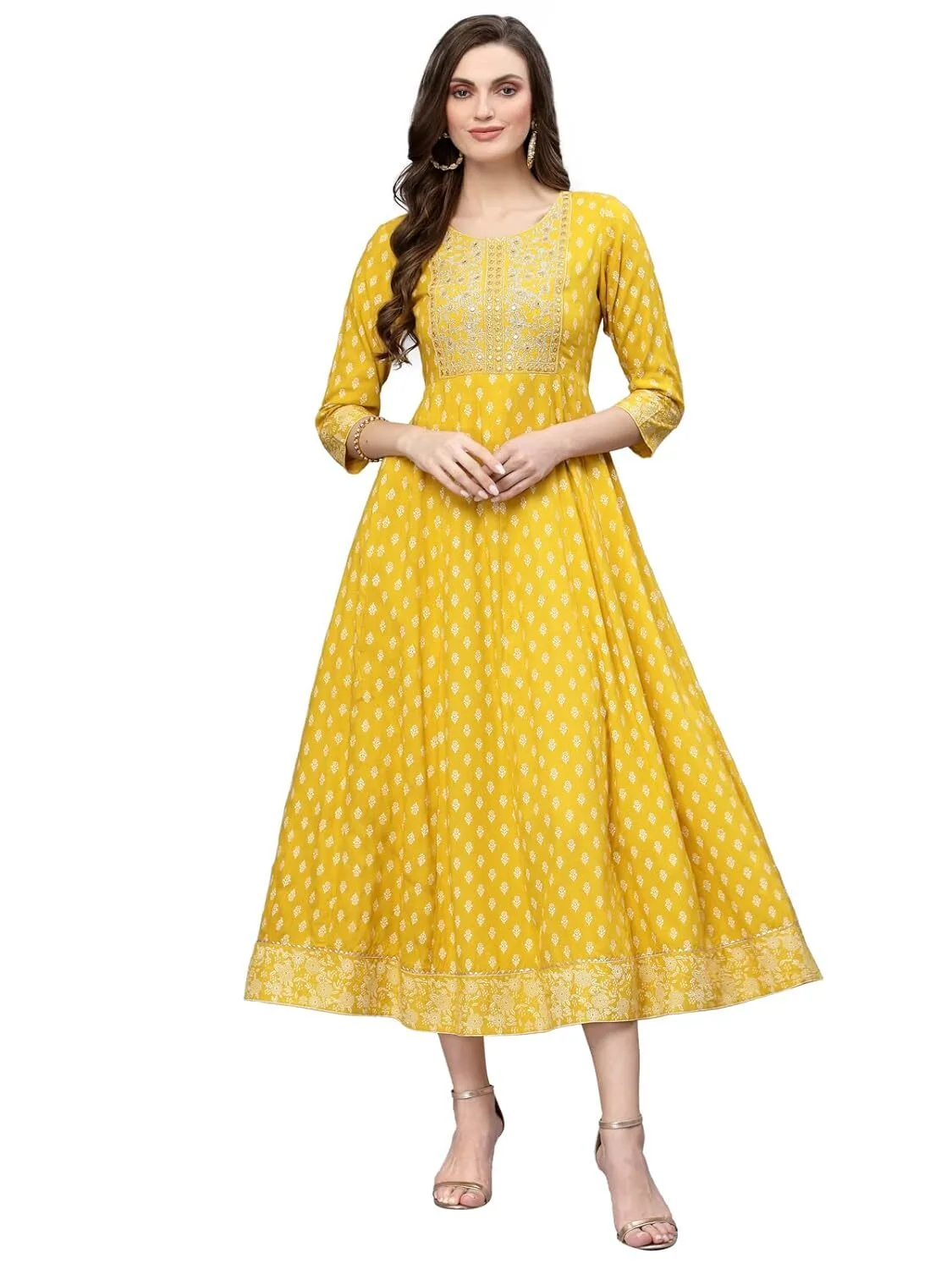 Stylum Women's Embroidered Long Kurta (Mustard)