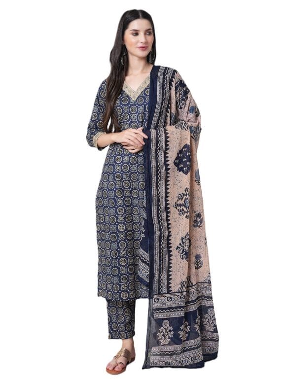 Arayna Women's Cotton Block Printed Straight Kurta with Palazzo Pants and Dupatta Set