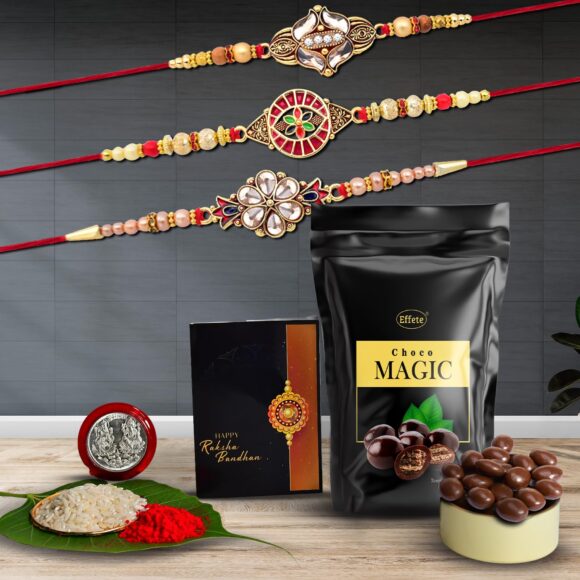 Multicolor Rakhi Combo & Choco Magic (Pouch)| Rakhi & Chocolate for brother | Fancy Rakhis for men stylish | rakhi with gift | Rakhi Combo | Set of 3 | Effete Chocolate