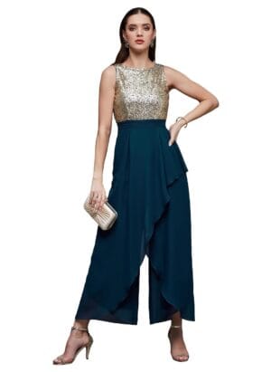 Miss Chase Women's Round Neck Sleeveless Layered Regular Jumpsuit with Pockets