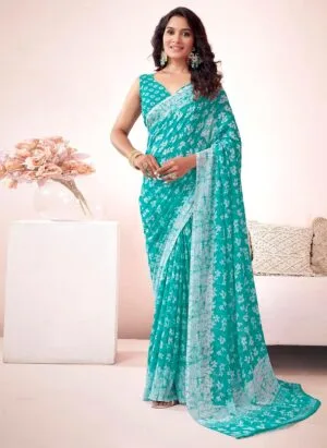 SAMAH Women's Georgette Floral|Geometric Printed Saree with Unstitched Blouse Piece