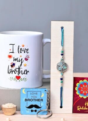 TONKWALAS Rakhi for Brother with Printed Ceramic Mug and Keychain Combo |Pack of 5 (Greeting Card, Roli Chawal, Rakhi, Printed Mug, Keychain) | Best Rakhi Gift for Brother. (TW-KMUG-4-C4)