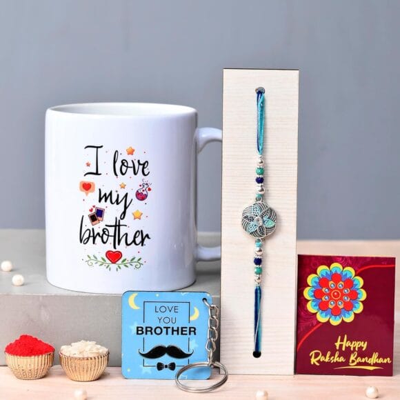 TONKWALAS Rakhi for Brother with Printed Ceramic Mug and Keychain Combo |Pack of 5 (Greeting Card, Roli Chawal, Rakhi, Printed Mug, Keychain) | Best Rakhi Gift for Brother. (TW-KMUG-4-C4)