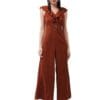 Miss Chase Women's Rust V-Neck Sleeveless Solid Wide-Leg/Ruffles Regular Jumpsuit