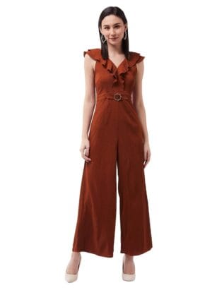 Miss Chase Women's Rust V-Neck Sleeveless Solid Wide-Leg/Ruffles Regular Jumpsuit