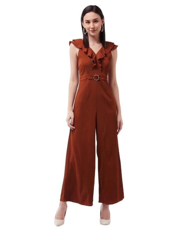 Miss Chase Women's Rust V-Neck Sleeveless Solid Wide-Leg/Ruffles Regular Jumpsuit