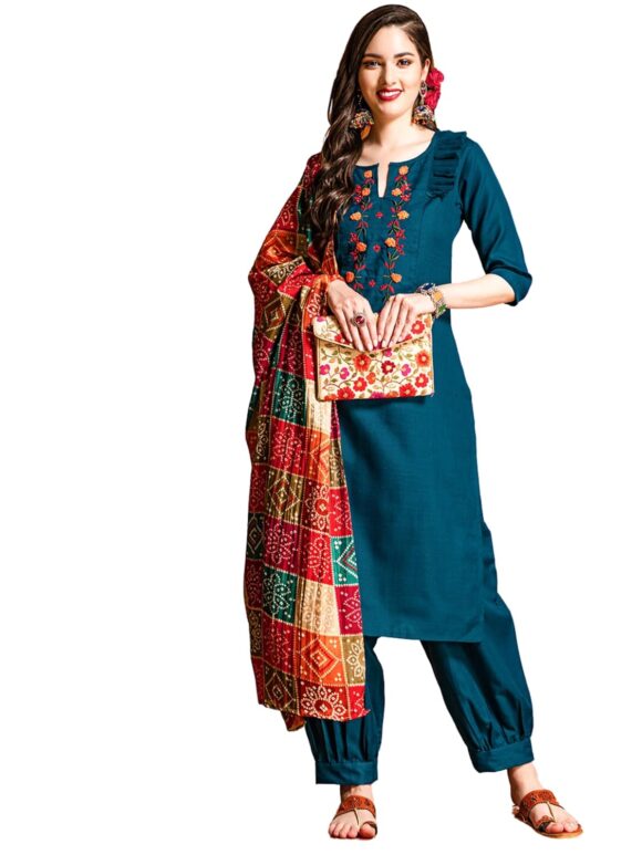 EthnicJunction Women's Embroidered Cotton Blend Straight Kurta Pant With Dupatta