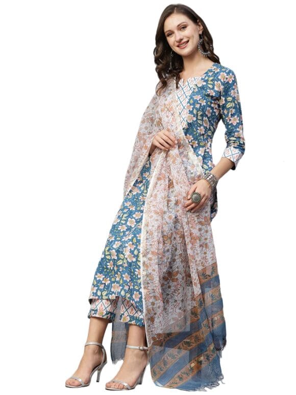 ANNI DESIGNER Women's Cotton Blend Straight Printed Kurta Set With Dupatta