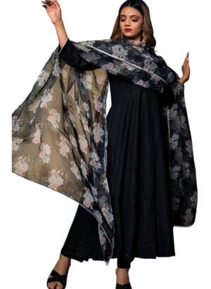 Sugathari Women's Floral Print Tiered Midi Fit & Flare Dress with Ruffles with Digital Printed Dupatta (Dress2 112)