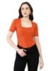Girl's Wine Solid Knitted Square Neck T-Shirts Short Sleeve Tops