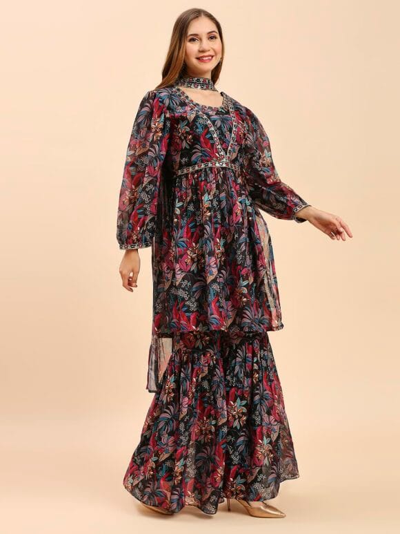 Georgette Sharara And Short Kurti Top With Dupatta Set For Solid With Digital Print And Embroidery Work Loose Sharara Set(M-2464) - Image 4