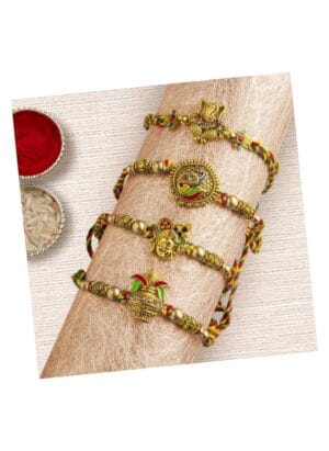 eCraftIndia Set of 4 Lord Ganesha, Peacock, Krishna & Kalash Designer Rakhis with Roli Pack - Rakhi for Brother, Bhaiya, Bhai