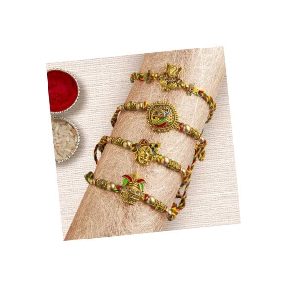 eCraftIndia Set of 4 Lord Ganesha, Peacock, Krishna & Kalash Designer Rakhis with Roli Pack - Rakhi for Brother, Bhaiya, Bhai