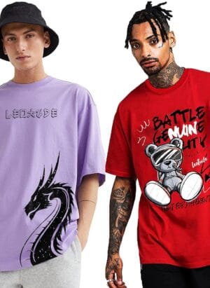 LEOTUDE Men Half Sleeve Oversized Tshirt, Round Neck Longline Drop Shoulder | Colorful Printed Combo Regular Fit T-Shirt (Pack Of 2)