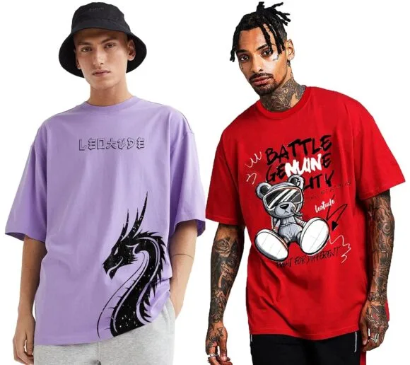 LEOTUDE Men Half Sleeve Oversized Tshirt, Round Neck Longline Drop Shoulder | Colorful Printed Combo Regular Fit T-Shirt (Pack Of 2)