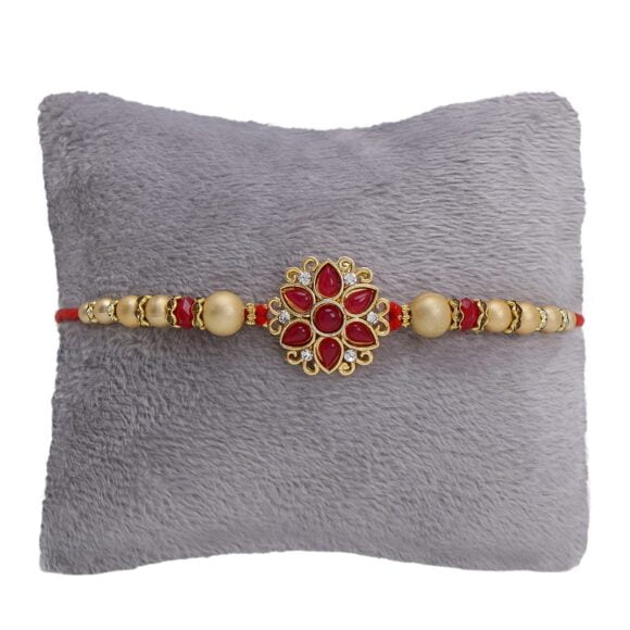 Alluring Gold Plated Floral and Pearl Rakhi (Bracelet) with Roli Chawal & Greeting Card