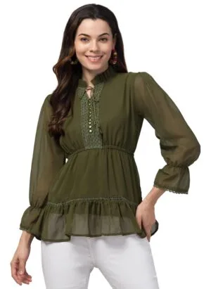 Women Top Long Sleeve Green Flowy Tunic Top with Neck Design Stylish Western Attractive Regular Fit Summer Top for Women Girls