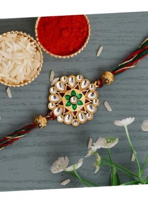 eCraftIndia Multicolor Beautiful Floral Designer Kundan Rakhi with Roli Chawal Pack - Rakhi for Brother, Bhaiya, Bhai