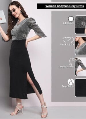 AONE CLOTHING Women's Crepe 3/4 Sleeves V Neck Side Buckle Western Bodycon Dress for Ladies & Girls