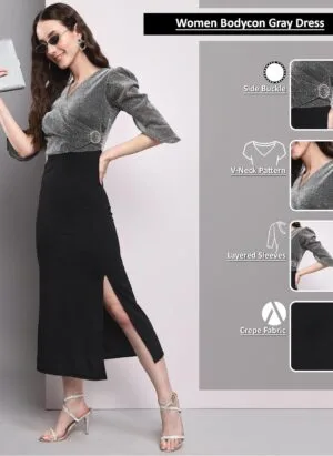 AONE CLOTHING Women's Crepe 3/4 Sleeves V Neck Side Buckle Western Bodycon Dress for Ladies & Girls