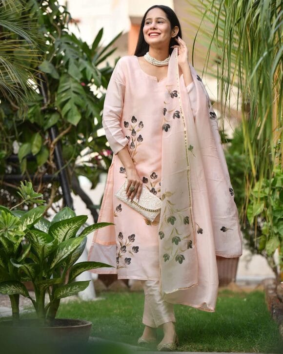 Women's Cotton Blend Straight Printed Kurta with Pant & Dupatta (BRUSH-PEACH) - Image 2