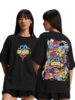 Standard Generic Veirdo® Pure Cotton Round Neck Oversized Baggy Fit Latest Stylish Front & Back Graphic Printed Half Sleeve Boyfriend T-Shirt for Women (Color Options- Black, Orange, Royal Blue & Lilac)