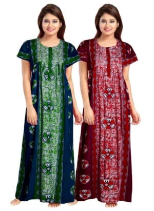 AALIT Nighty for Women Cotton Printed Maxi Gown Ankle Length Nighty Night Dress Gown for Women Maxi - Free Size (Pack of 2)